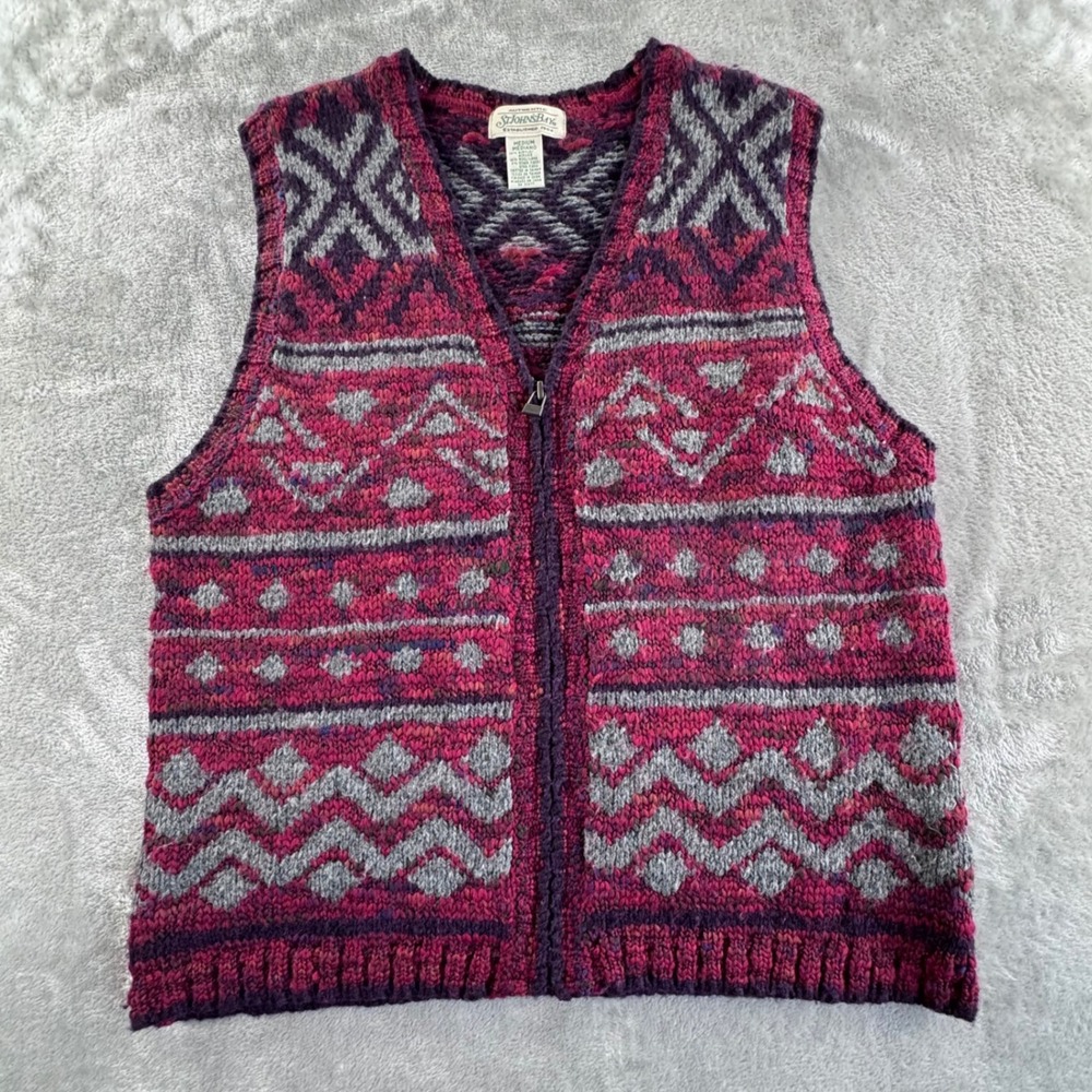 St‎ Johns Bay Sweater Vest Mens M Red Purple Fair Isle Zip Up Wool Blend Grandpa